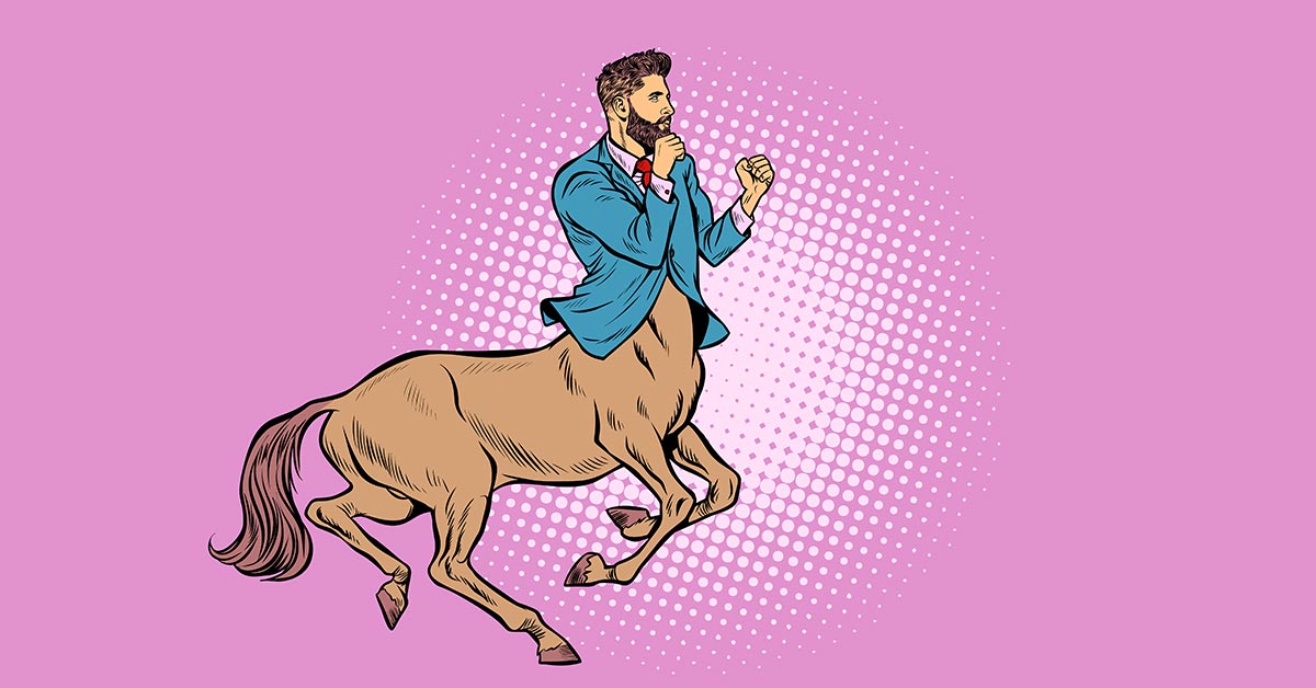 Zeichnung eines Zentauren mit blauem Blazer vor einem pinken Hintergrund - Makler Mythos