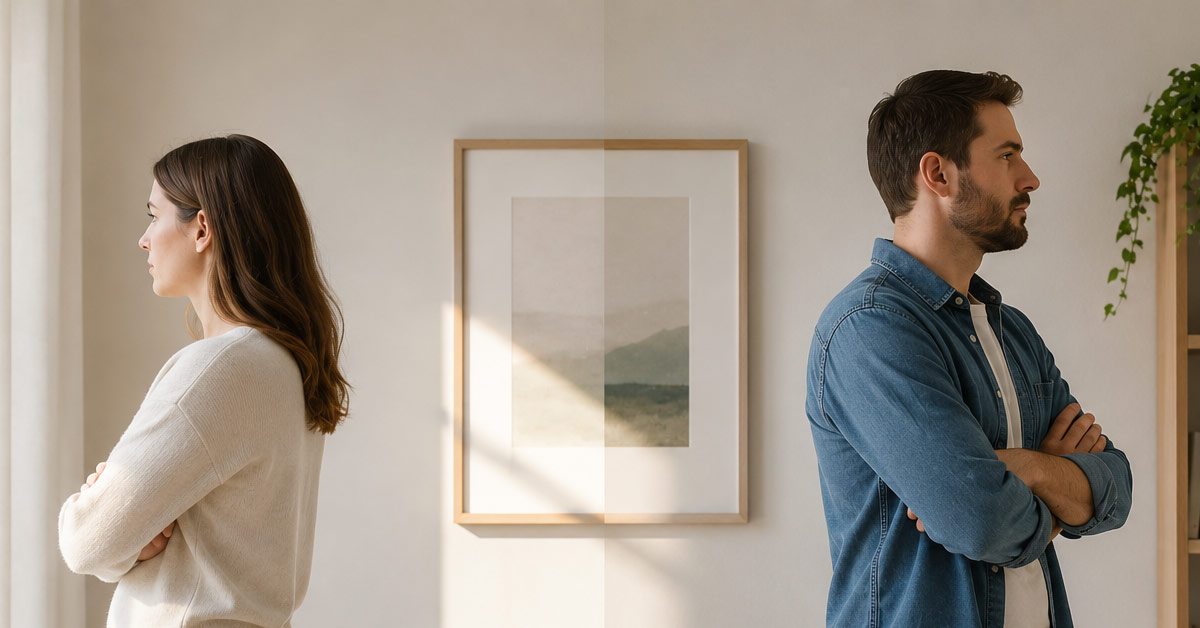 Ein Paar steht mit verschränkten Armen Rücken an Rücken in einer gemeinsamen Wohnung und blickt in entgegengesetzte Richtungen – sinnbildlich für eine Trennung ohne Trauschein.