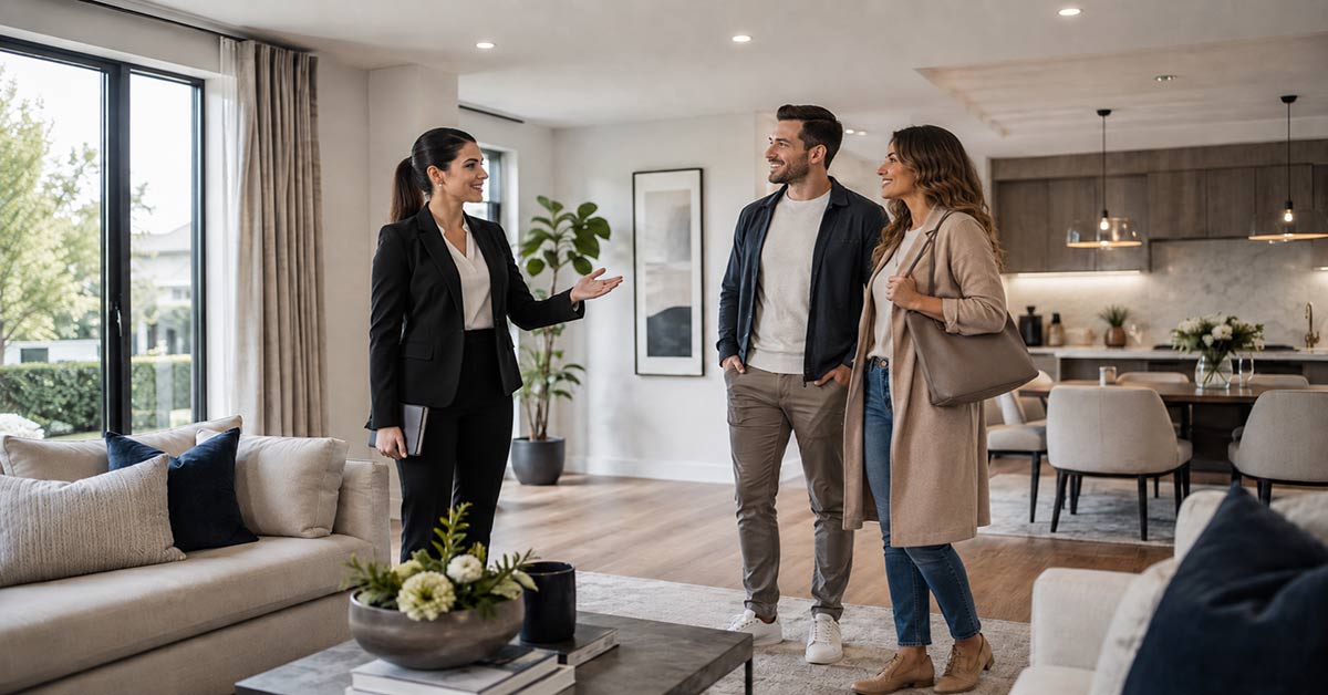 Immobilienmaklerin führt ein Paar durch ein modernes, helles Wohnzimmer – Symbolbild zum Thema professionelles Besichtigungsmanagement bei Immobilien.